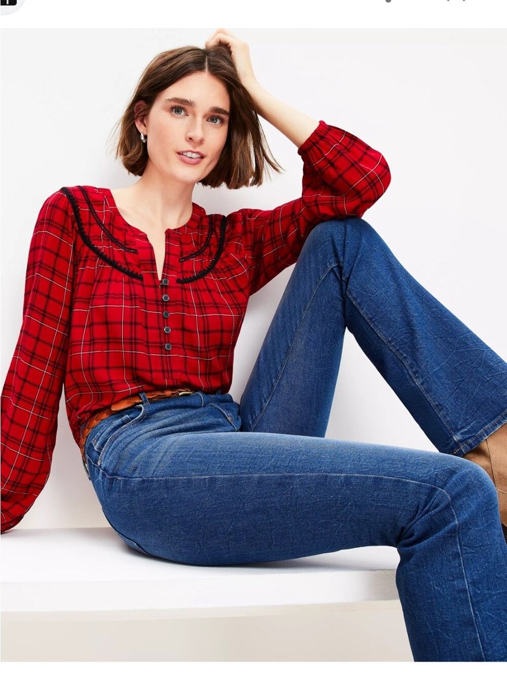 Loft NEW red and black plaid button front blouse office fall winter holiday XL